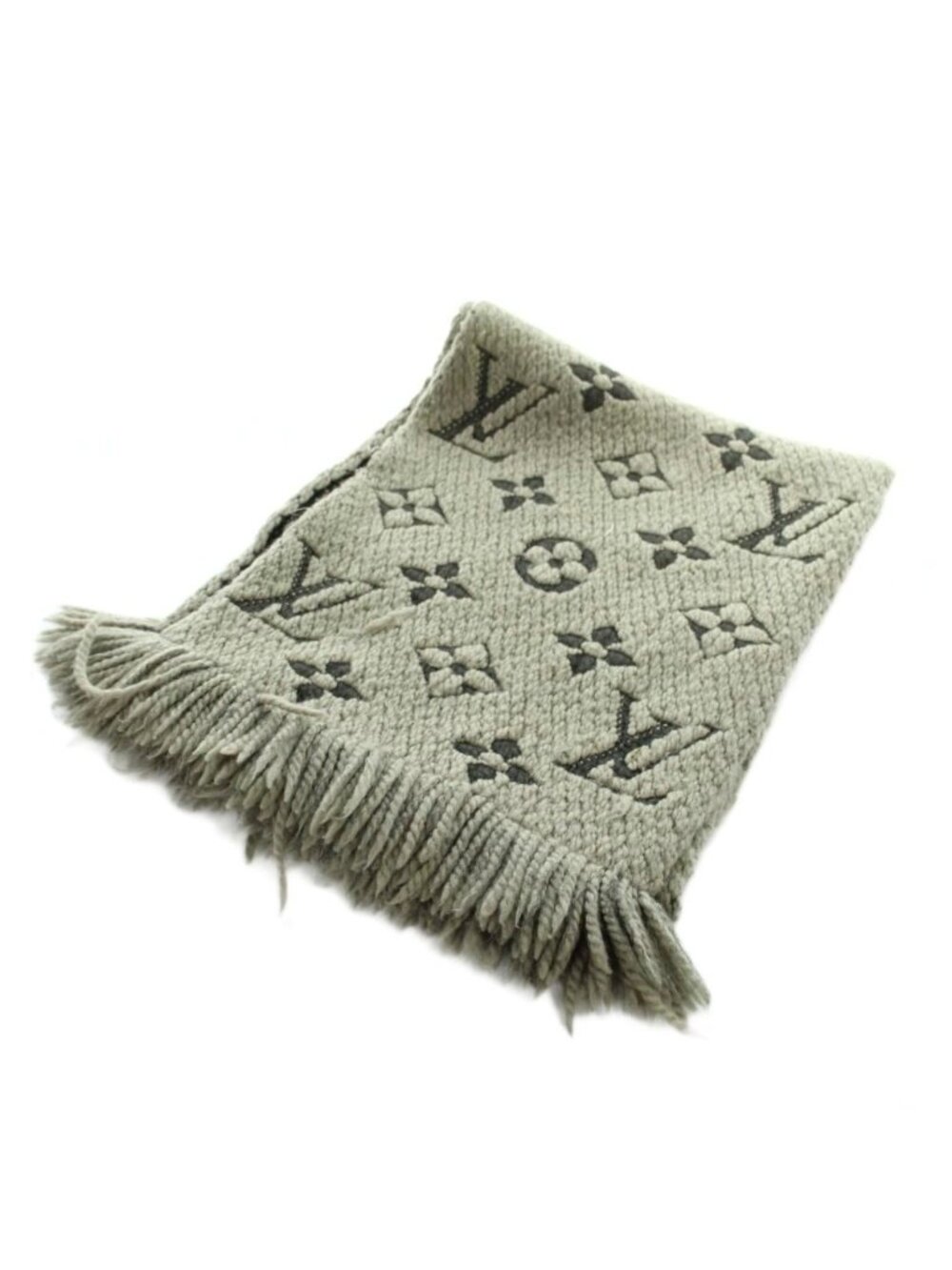 Louis Vuitton Logomania Scarf Shawl Logo Monogram Fringe Gray